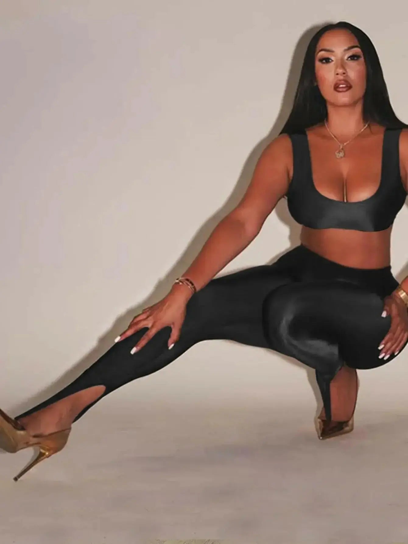 High-gloss shiny leggings from Plush Fashion Hub featuring a sleek, fitted front view of premium stretch skinny pants.