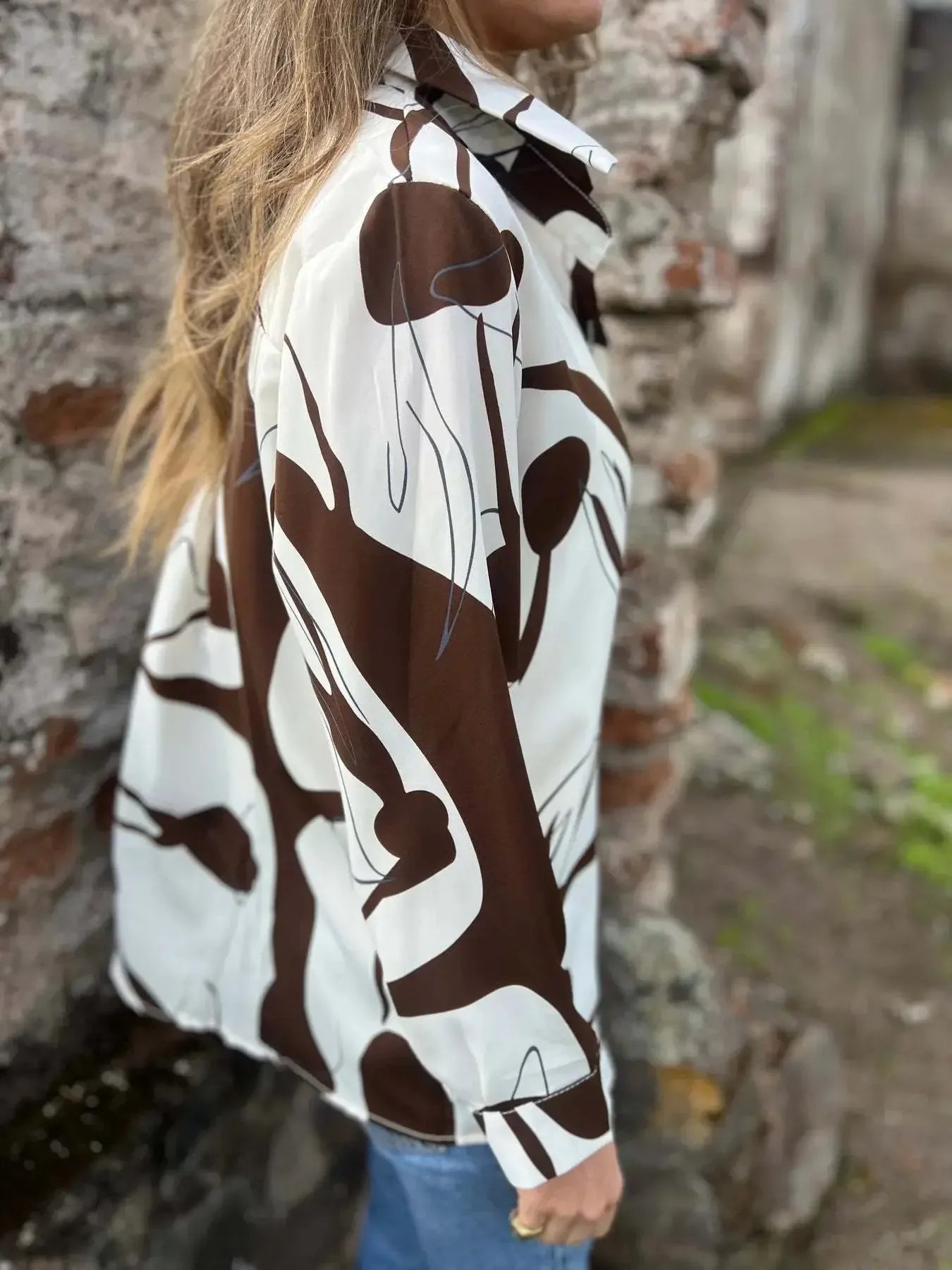 Full Size Abstract Print Long Sleeve Button-Up Shirt Plus Size - Plush Fashion Hub