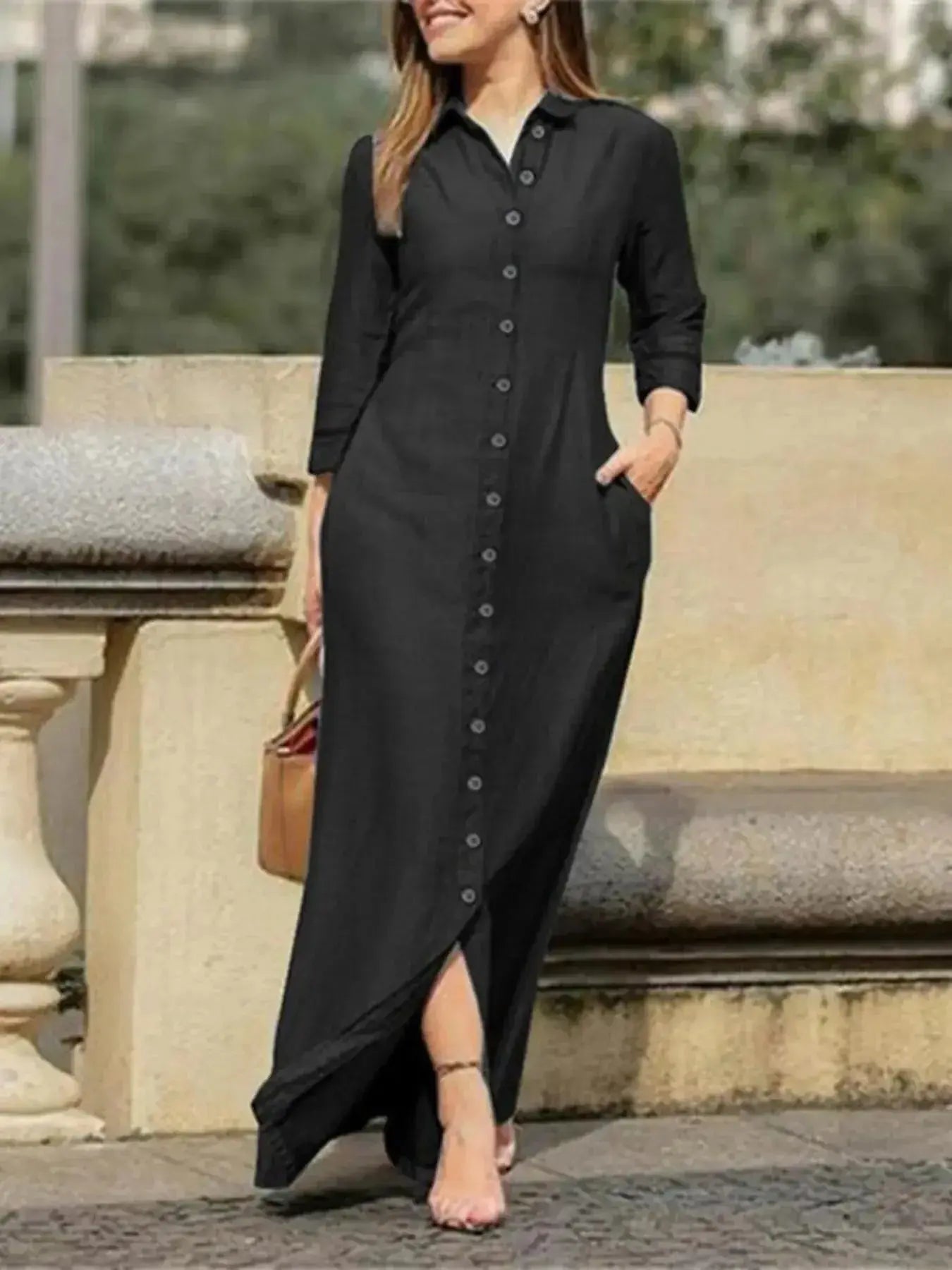 Plus size women's denim maxi dress by Plush Fashion Hub featuring a button-down casual long dress style.