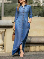 Plus size women's denim maxi dress with button-down front, casual long dress from Plush Fashion Hub, full-length shirt style.