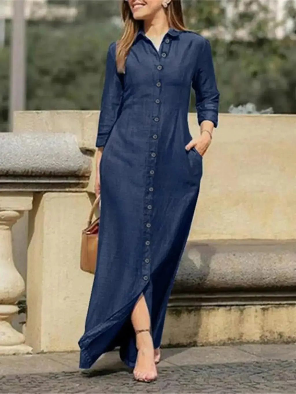 Plus size women's denim maxi dress by Plush Fashion Hub featuring a full-length button-down casual shirt dress style.
