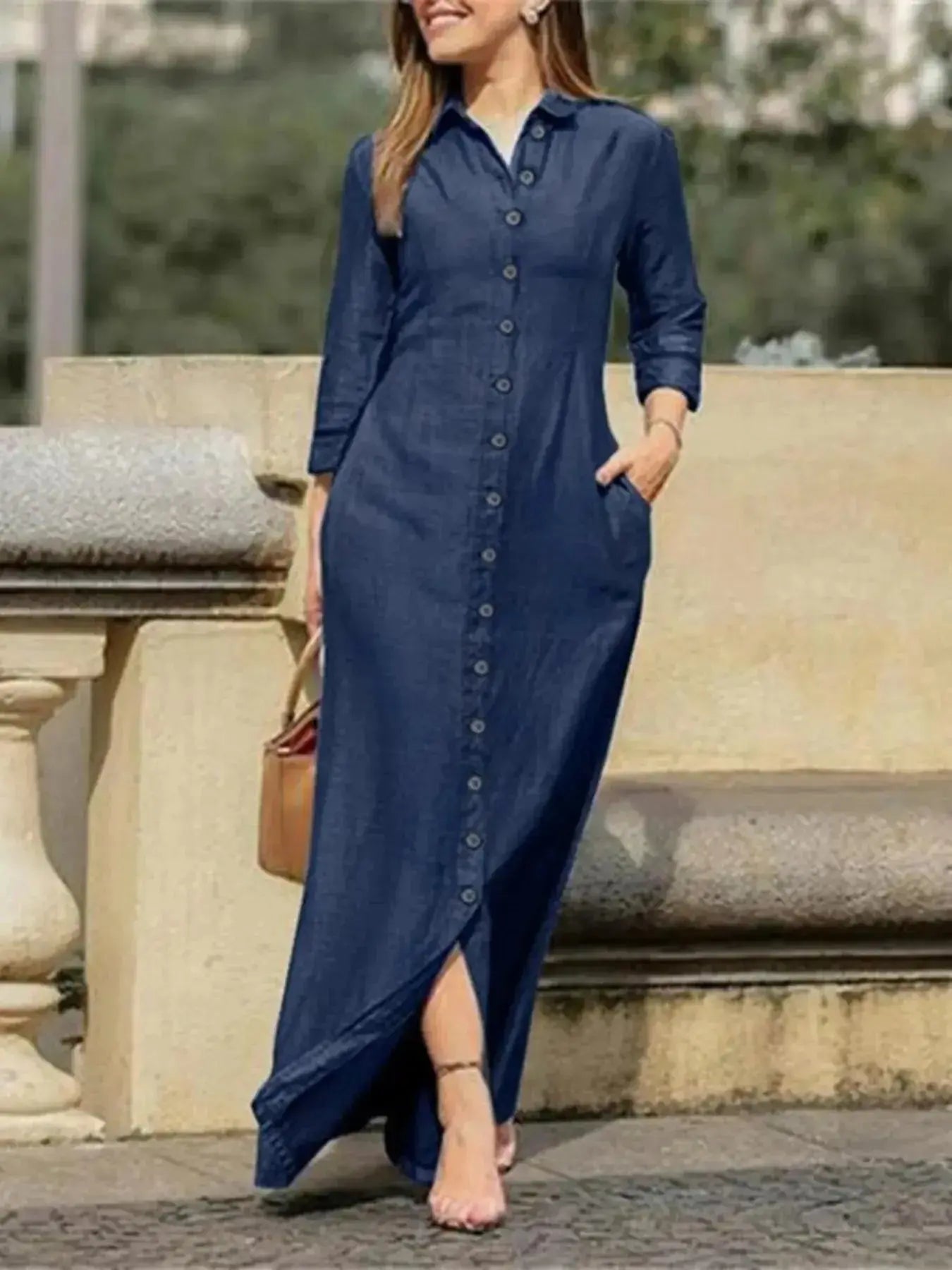 Plus size women's denim maxi dress by Plush Fashion Hub featuring a full-length button-down casual shirt dress style.