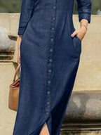 Plus size women's denim maxi dress by Plush Fashion Hub, casual long button-down dress with a relaxed fit and classic denim style.