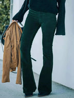 Plus size women's corduroy flare pants by Plush Fashion Hub, high-waisted boho trousers with wide-leg design.