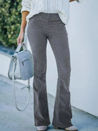 Plus size women's corduroy flare pants from Plush Fashion Hub, high-waisted boho trousers with a full-length fit.