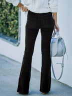 Plus size women's corduroy flare pants by Plush Fashion Hub, high-waisted boho trousers, full-length, stylish and comfortable.