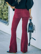 Plus size women's corduroy flare pants by Plush Fashion Hub, high-waisted boho trousers in full length.