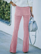 Plus size women's corduroy flare pants by Plush Fashion Hub, high-waisted boho trousers, full-length view