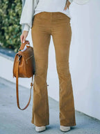 Plus size women's corduroy flare pants by Plush Fashion Hub featuring high-waisted boho style and full-length design.