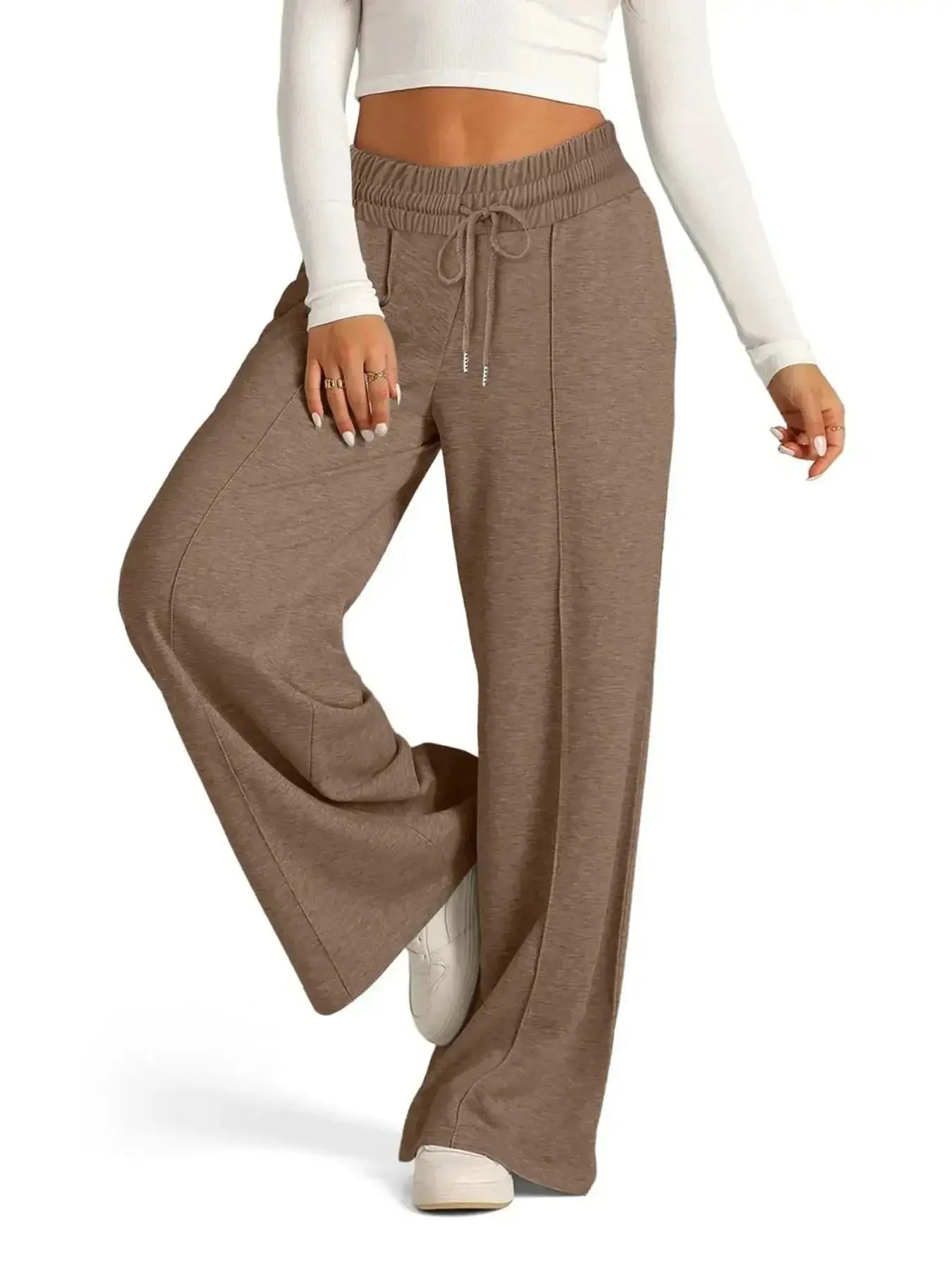 Plus size women's relaxed fit wide-leg drawstring pants from Plush Fashion Hub, comfortable lounge trousers, full-length view.