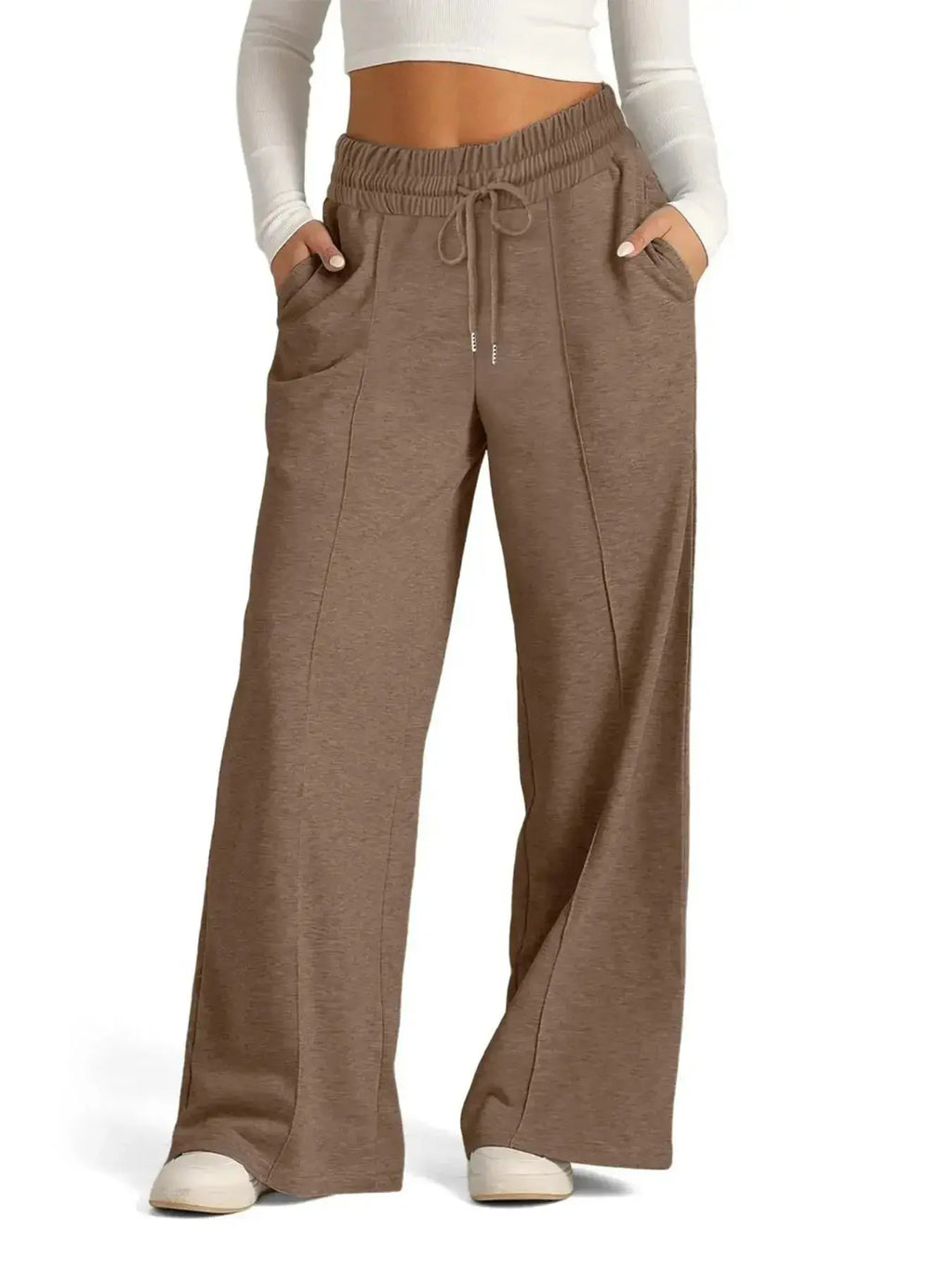 Plus size women's relaxed fit wide-leg drawstring pants by Plush Fashion Hub, comfortable lounge trousers in soft fabric.