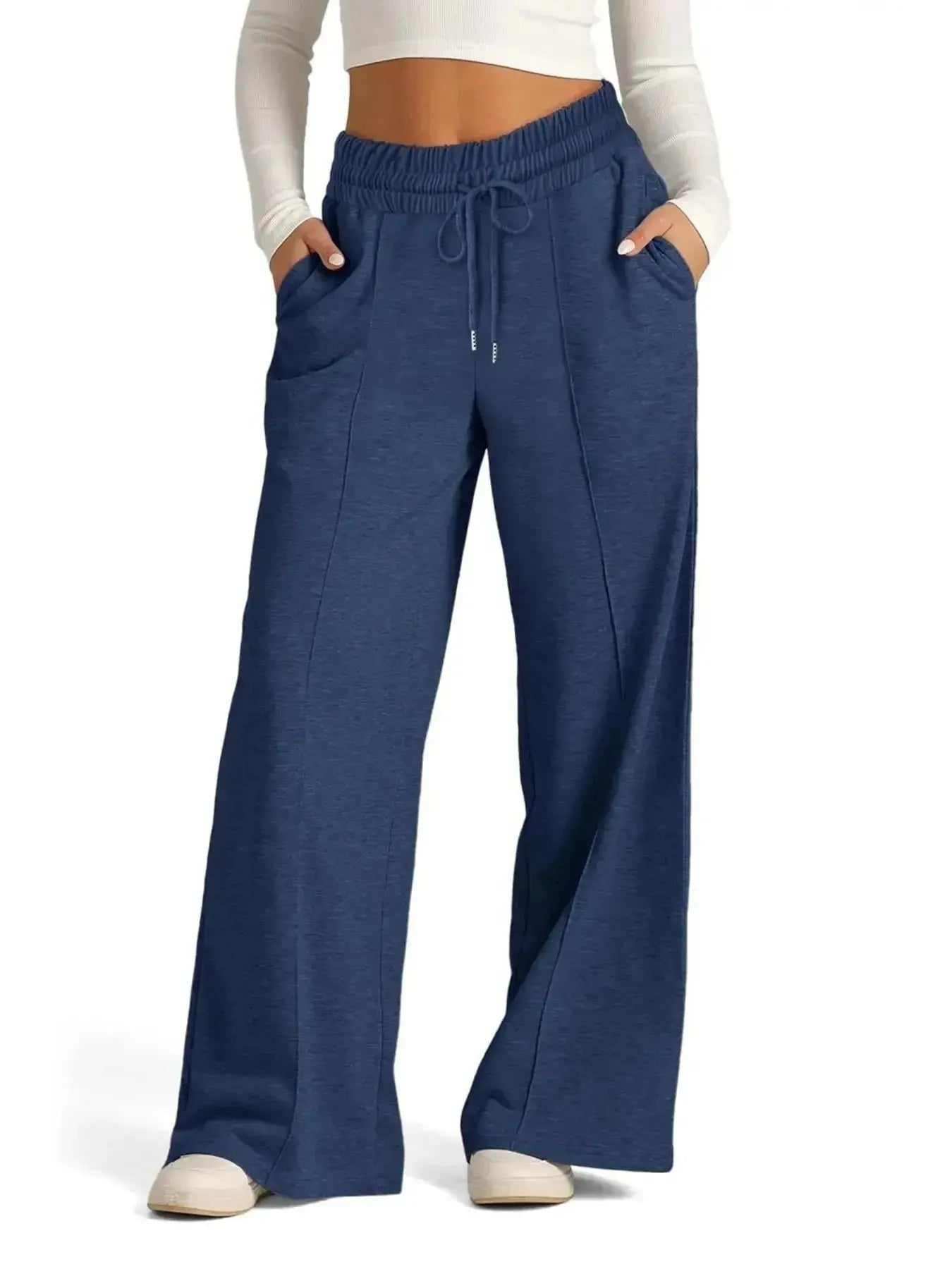 Women’s relaxed fit wide-leg drawstring pants by Plush Fashion Hub, comfortable lounge trousers in full view.