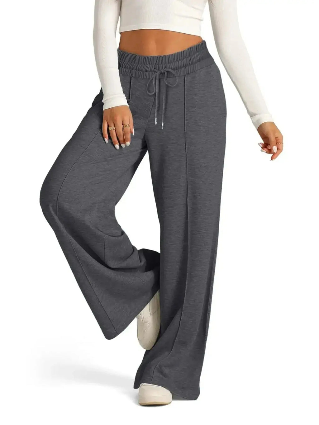 Plus size women's relaxed fit wide leg drawstring pants by Plush Fashion Hub, comfortable lounge trousers with a full-length design.