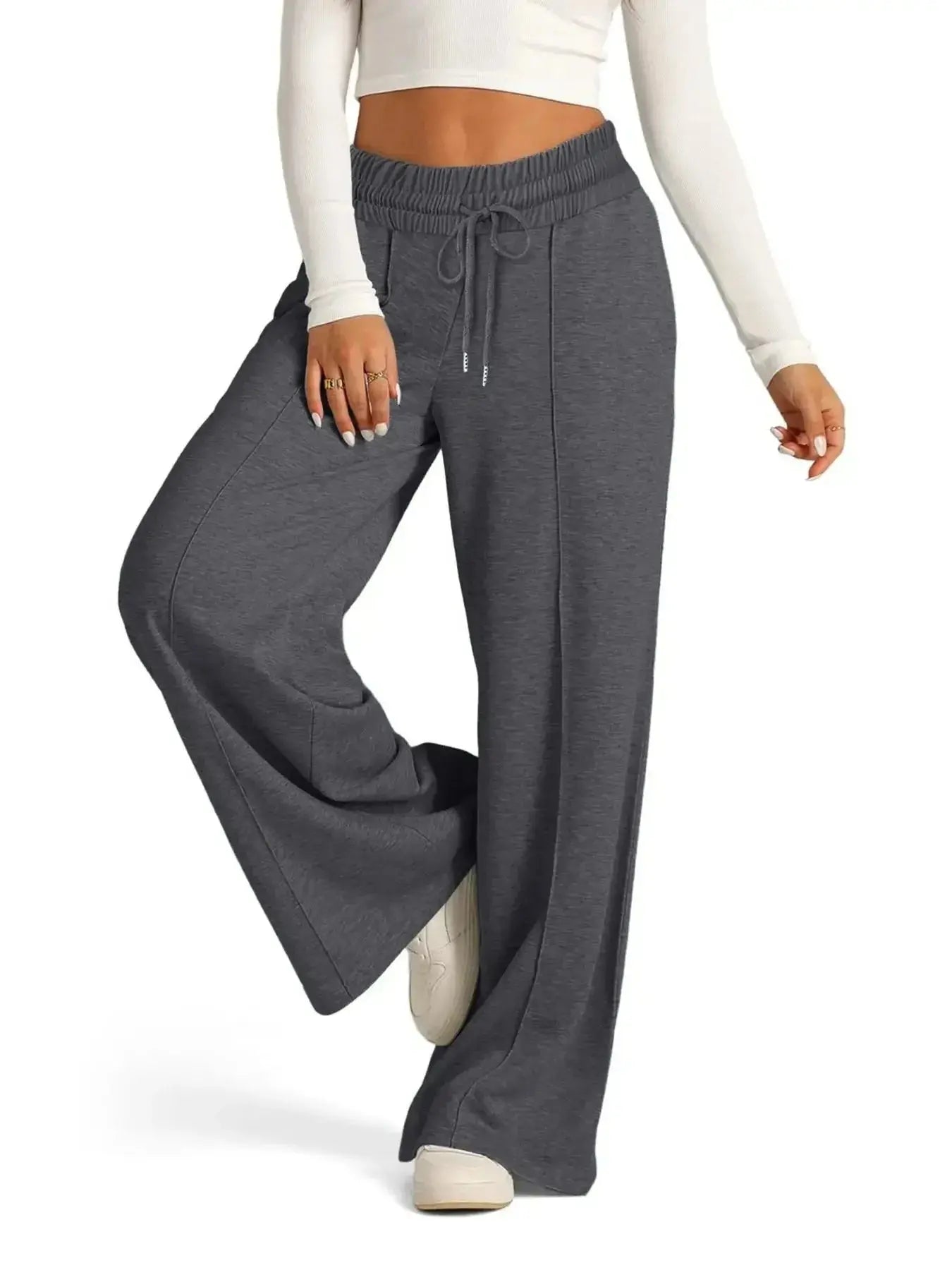 Plus size women's relaxed fit wide leg drawstring pants by Plush Fashion Hub, comfortable lounge trousers with a full-length design.