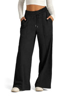 Women’s relaxed fit wide leg drawstring pants by Plush Fashion Hub, comfortable lounge trousers in a full-length style.