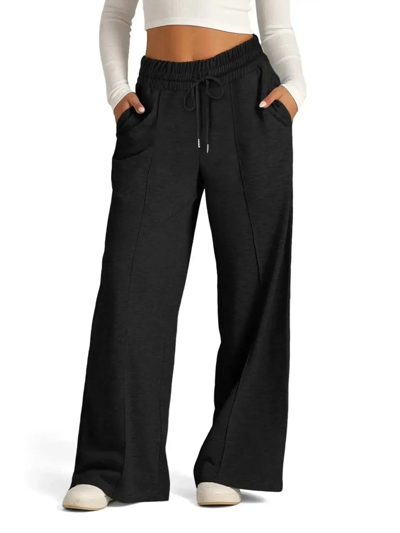 Women’s relaxed fit wide leg drawstring pants by Plush Fashion Hub, comfortable lounge trousers in a full-length style.