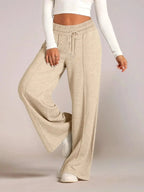 Women's relaxed fit wide leg drawstring pants by Plush Fashion Hub, comfortable lounge trousers in full length.