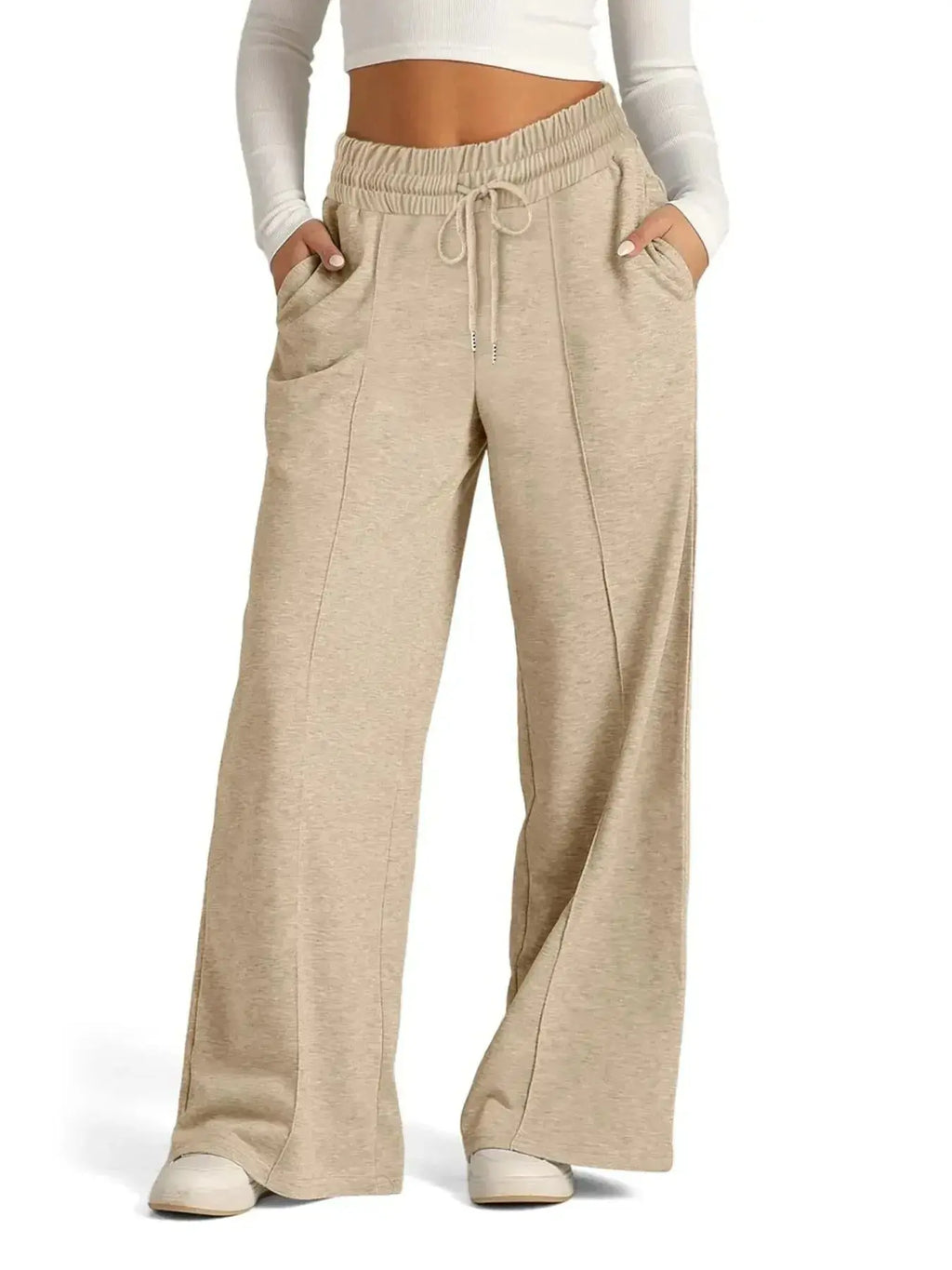 Women's relaxed fit wide-leg drawstring pants by Plush Fashion Hub, comfortable lounge trousers in a full-length style.