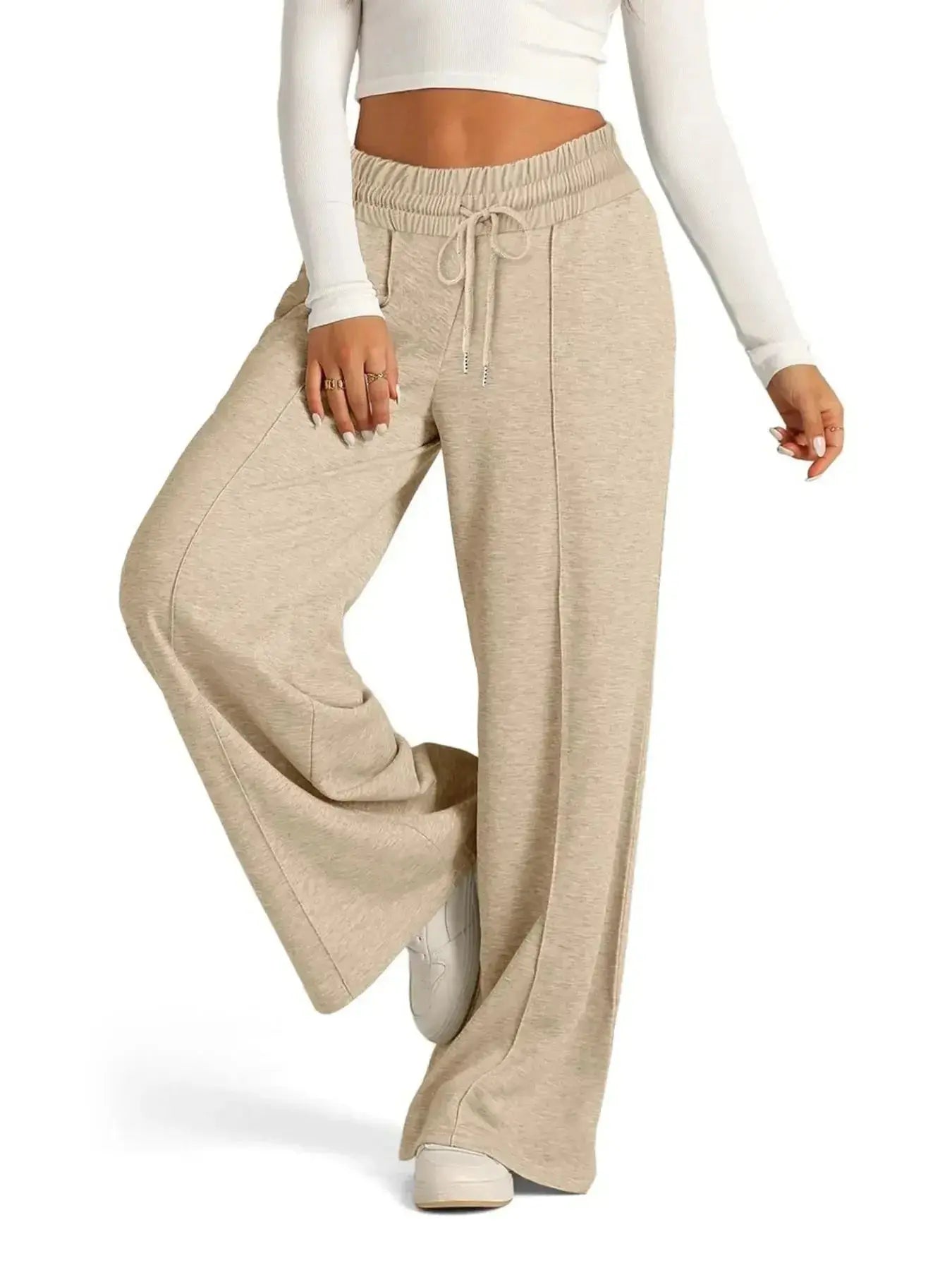 Plus-size women's relaxed fit wide-leg drawstring pants by Plush Fashion Hub, comfortable lounge trousers, full-length view.