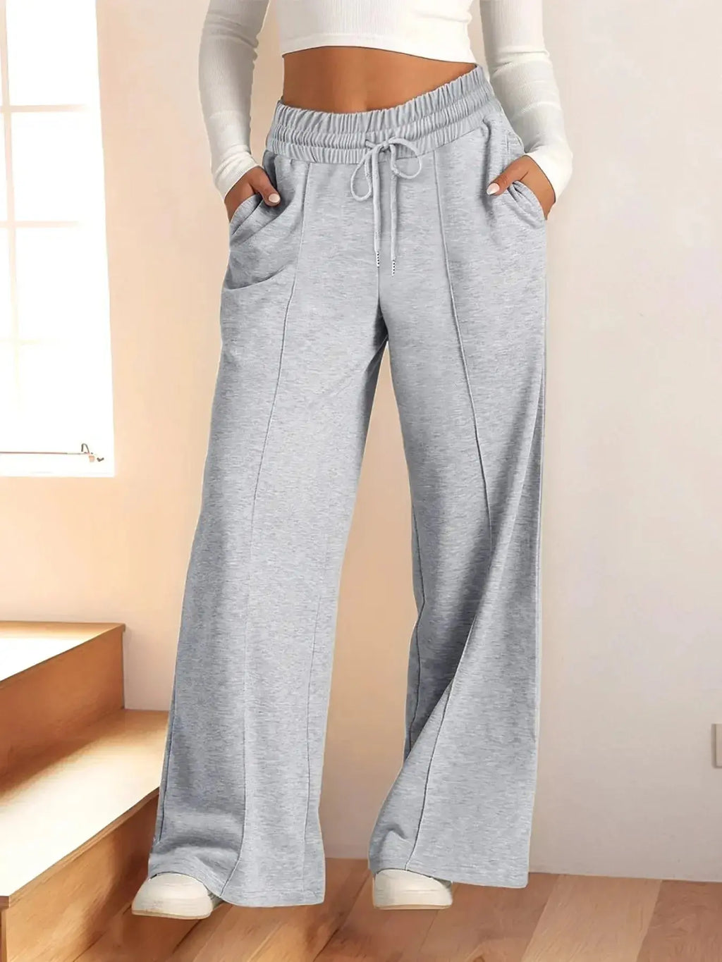 Women's relaxed fit wide-leg drawstring pants by Plush Fashion Hub, full-length lounge trousers in a comfortable, casual style.