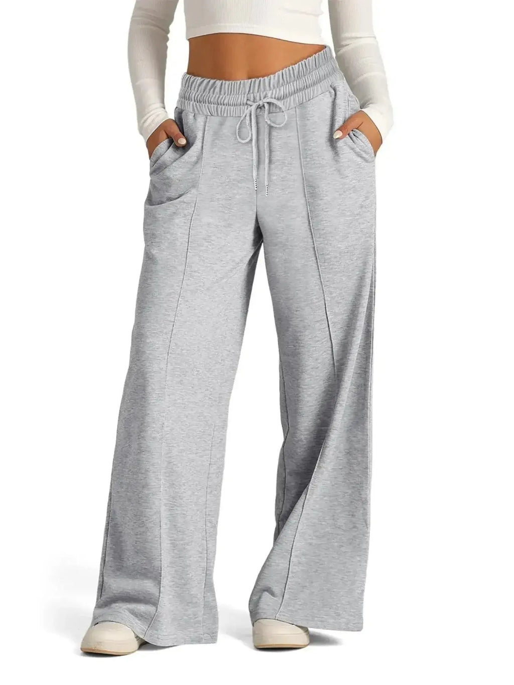 Full view of Plush Fashion Hub women's relaxed fit wide-leg drawstring pants, comfortable lounge trousers in plus size.