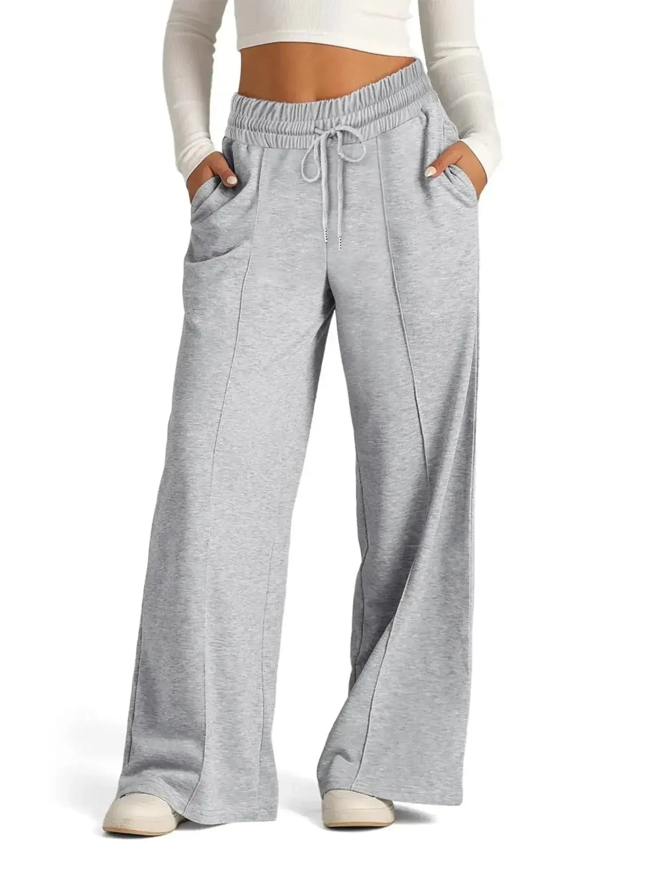 Full view of Plush Fashion Hub women's relaxed fit wide-leg drawstring pants, comfortable lounge trousers in plus size.