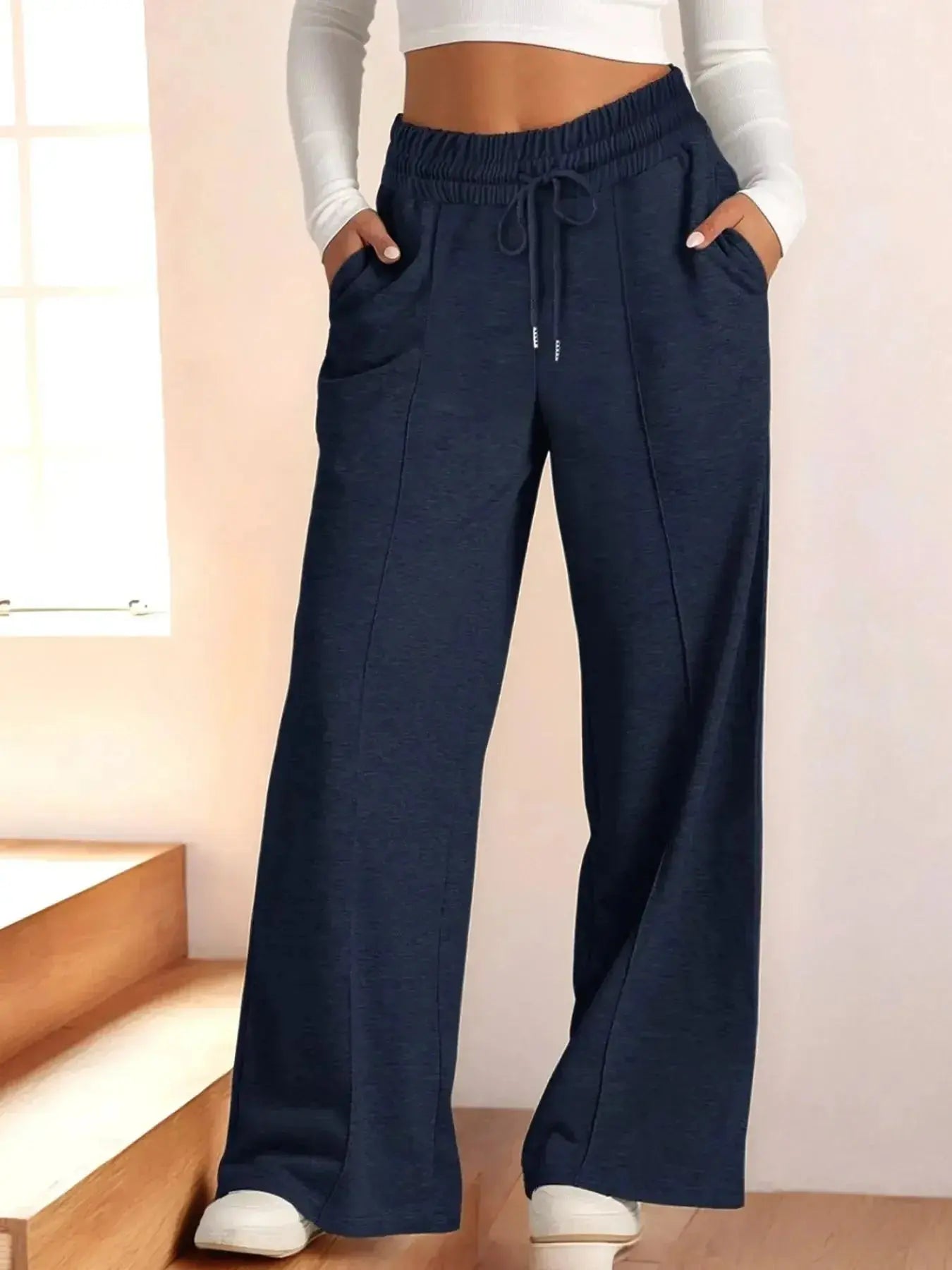 Women’s relaxed fit wide-leg drawstring pants by Plush Fashion Hub, comfortable lounge trousers in a full-length style.