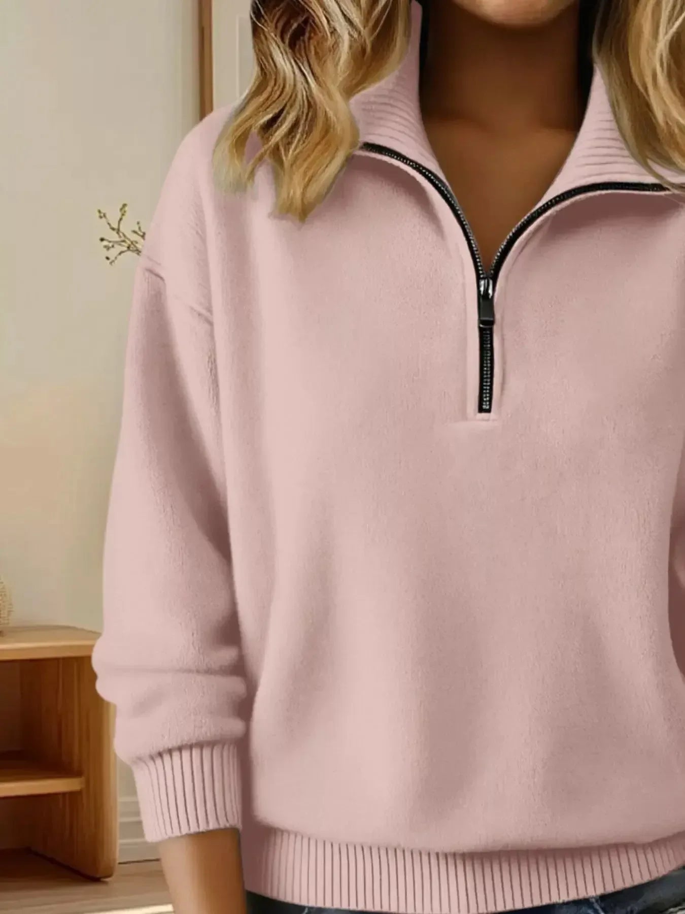 Full Size Half Zip Dropped Shoulder Sweater Plus Size - Plush Fashion Hub