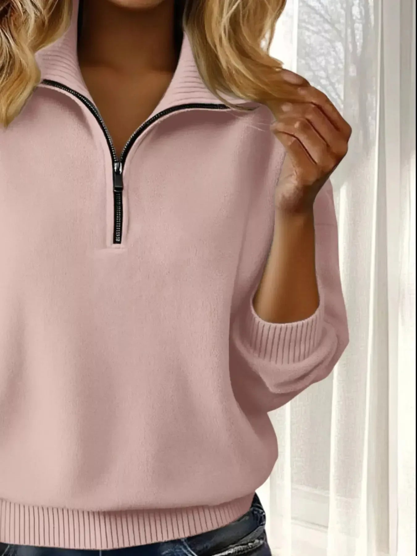 Full Size Half Zip Dropped Shoulder Sweater Plus Size - Plush Fashion Hub