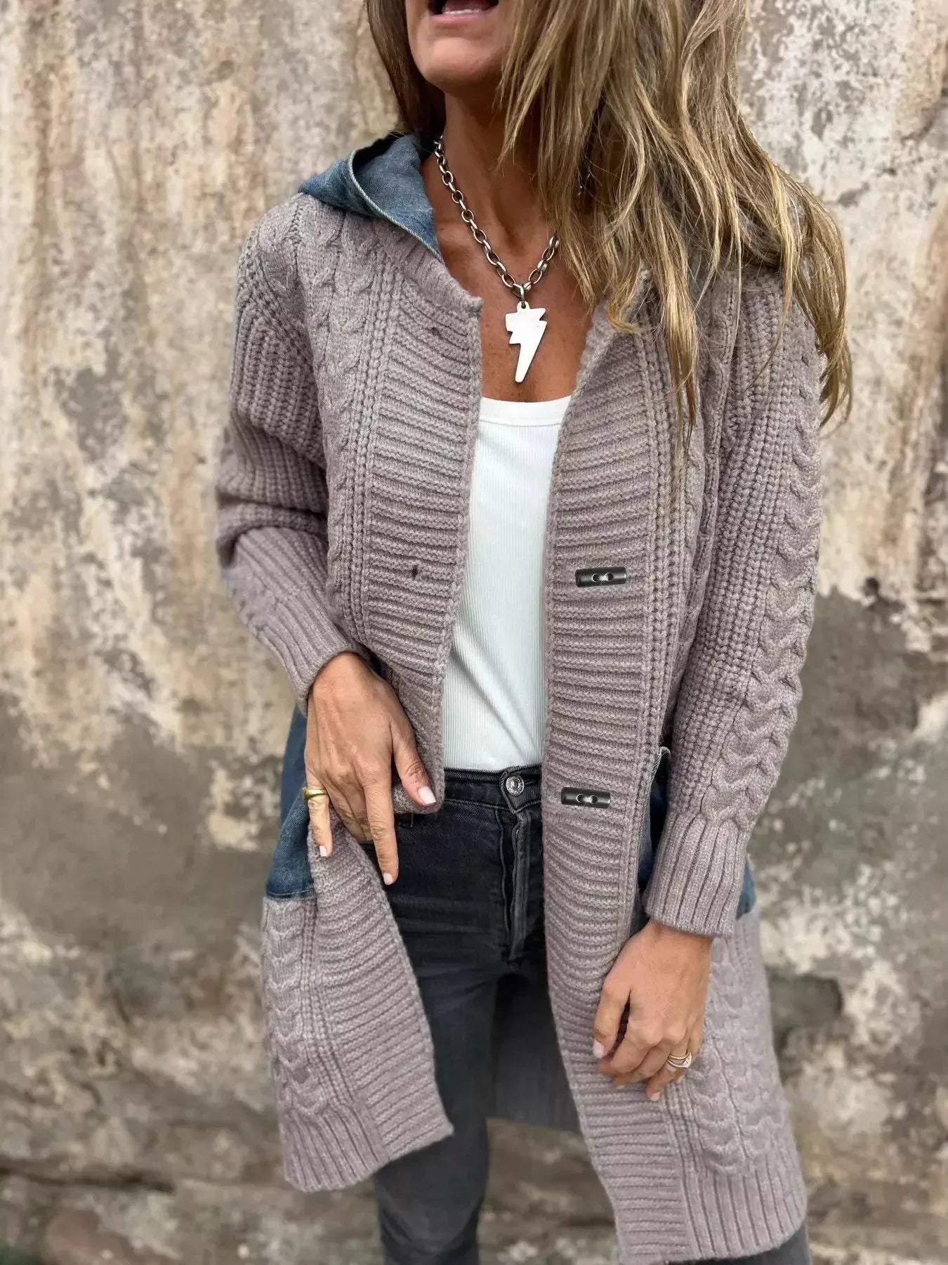 Full Size Hooded Cable Knit Longline Cardigan Plus Size - Plush Fashion Hub