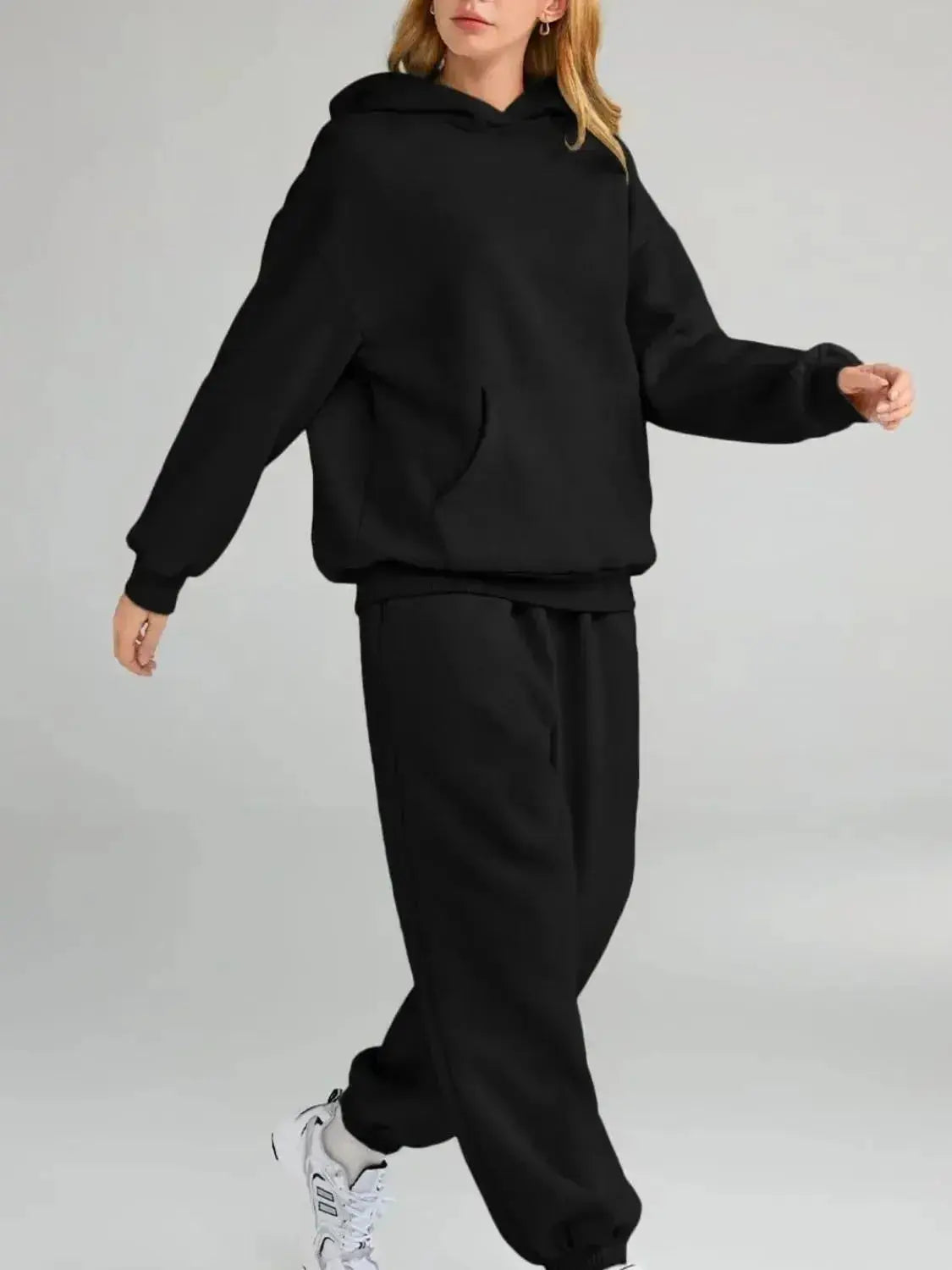 Plus size women's hoodie and jogger sweat suit with kangaroo pocket by Plush Fashion Hub, comfortable and casual lounge wear set.