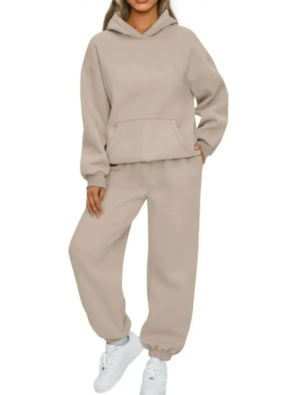 Plus size women's hoodie and jogger sweat suit with kangaroo pocket from Plush Fashion Hub, cozy and stylish lounge set.