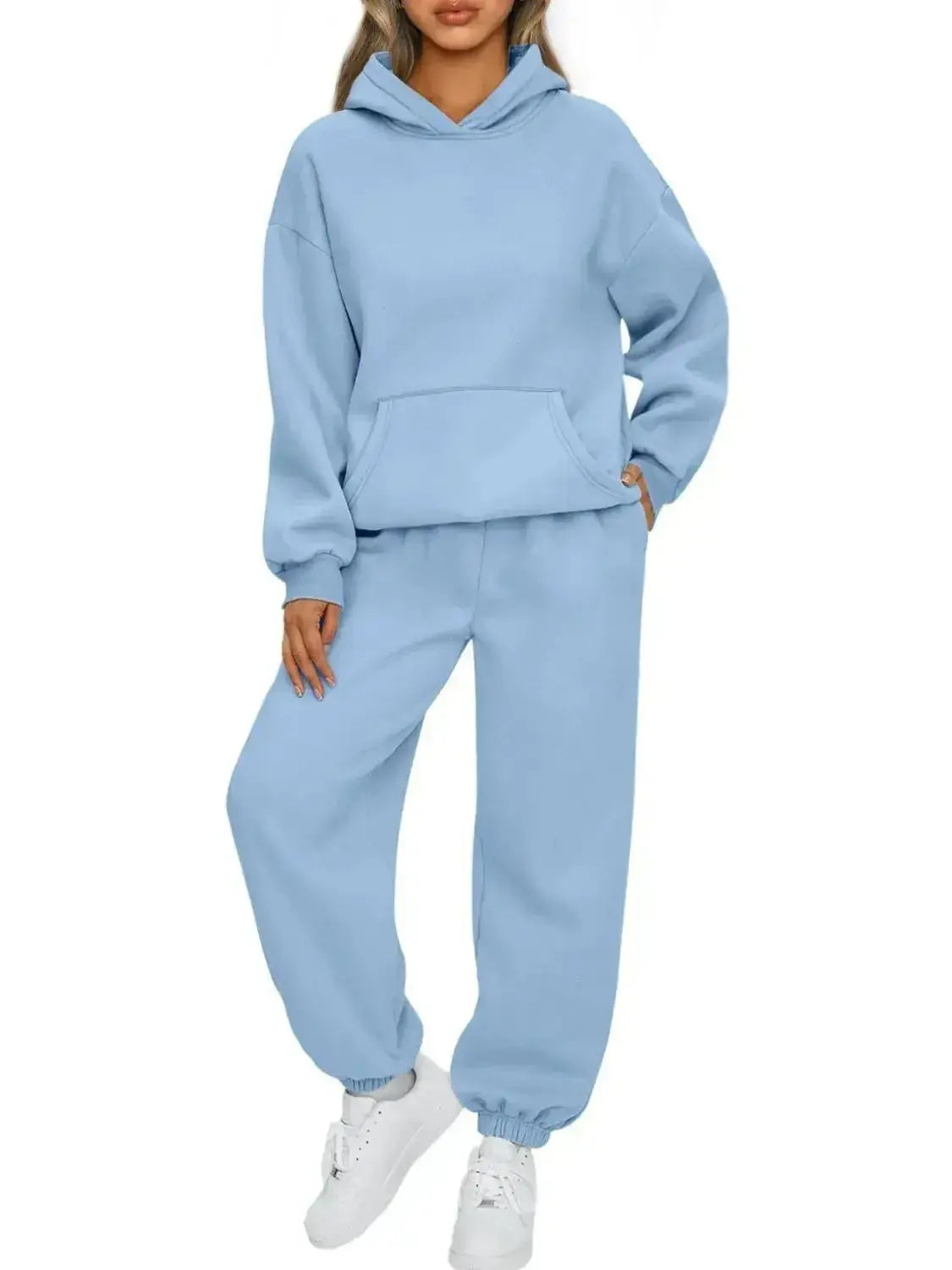 Plus size women's sweatshirt and jogger sweat suit with kangaroo pocket from Plush Fashion Hub, shown as a full-body outfit.