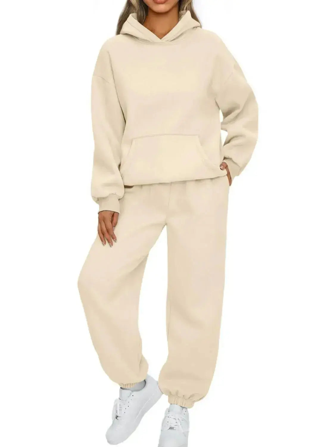 Plus size women's hoodie and jogger sweat set with kangaroo pocket from Plush Fashion Hub, comfortable and casual loungewear.