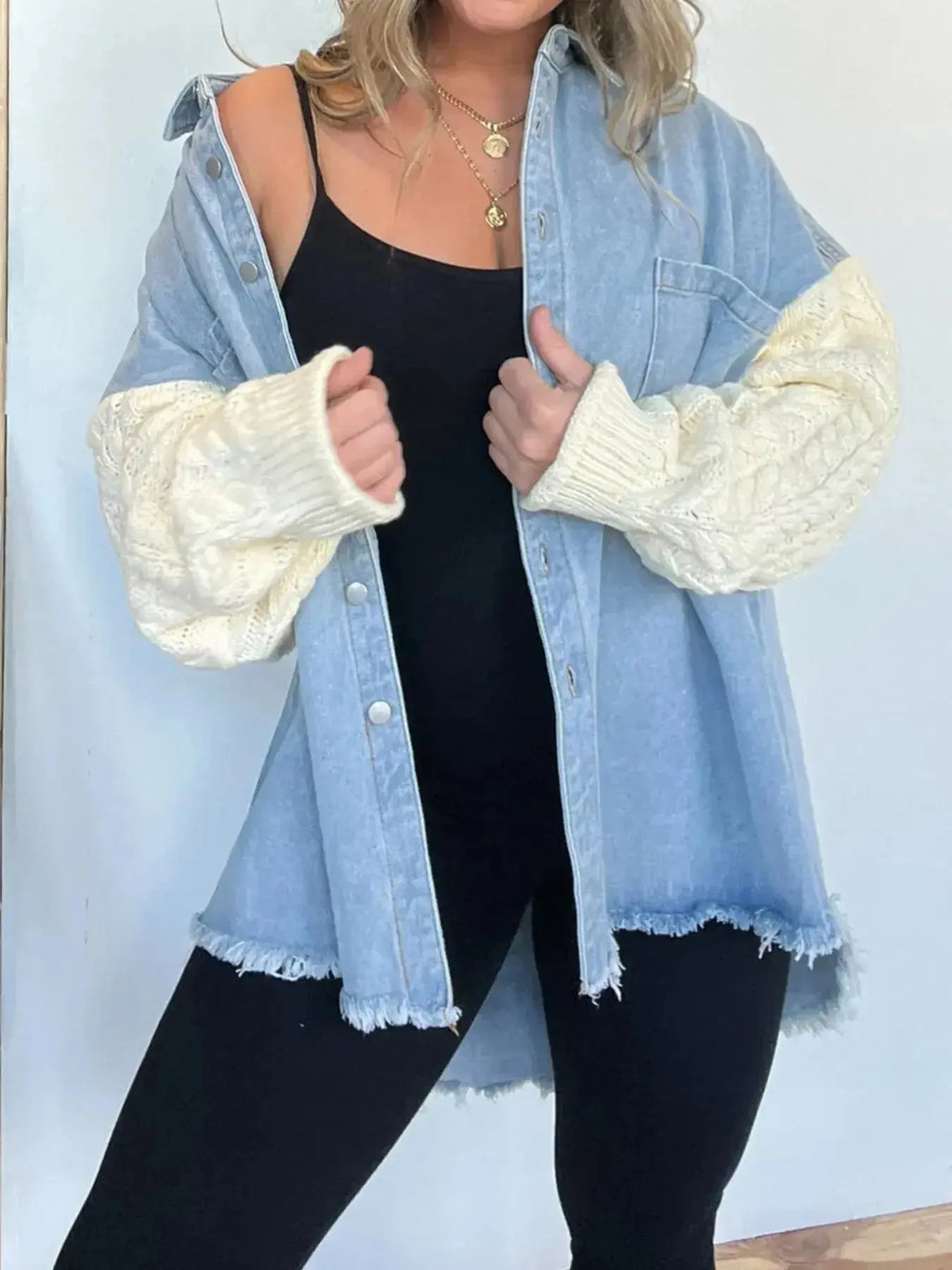 Plus size patchwork denim jacket by Plush Fashion Hub featuring cable knit details and a raw hem, full view of button-up style.