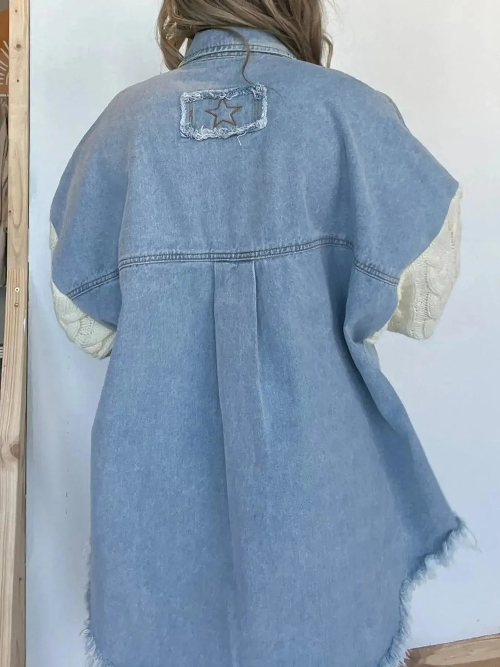 Plus size patchwork denim jacket with cable knit details and raw hem, button-up style from Plush Fashion Hub.