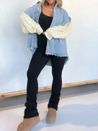 Plus size patchwork denim jacket with cable knit details and raw hem, full-length button-up jean jacket by Plush Fashion Hub