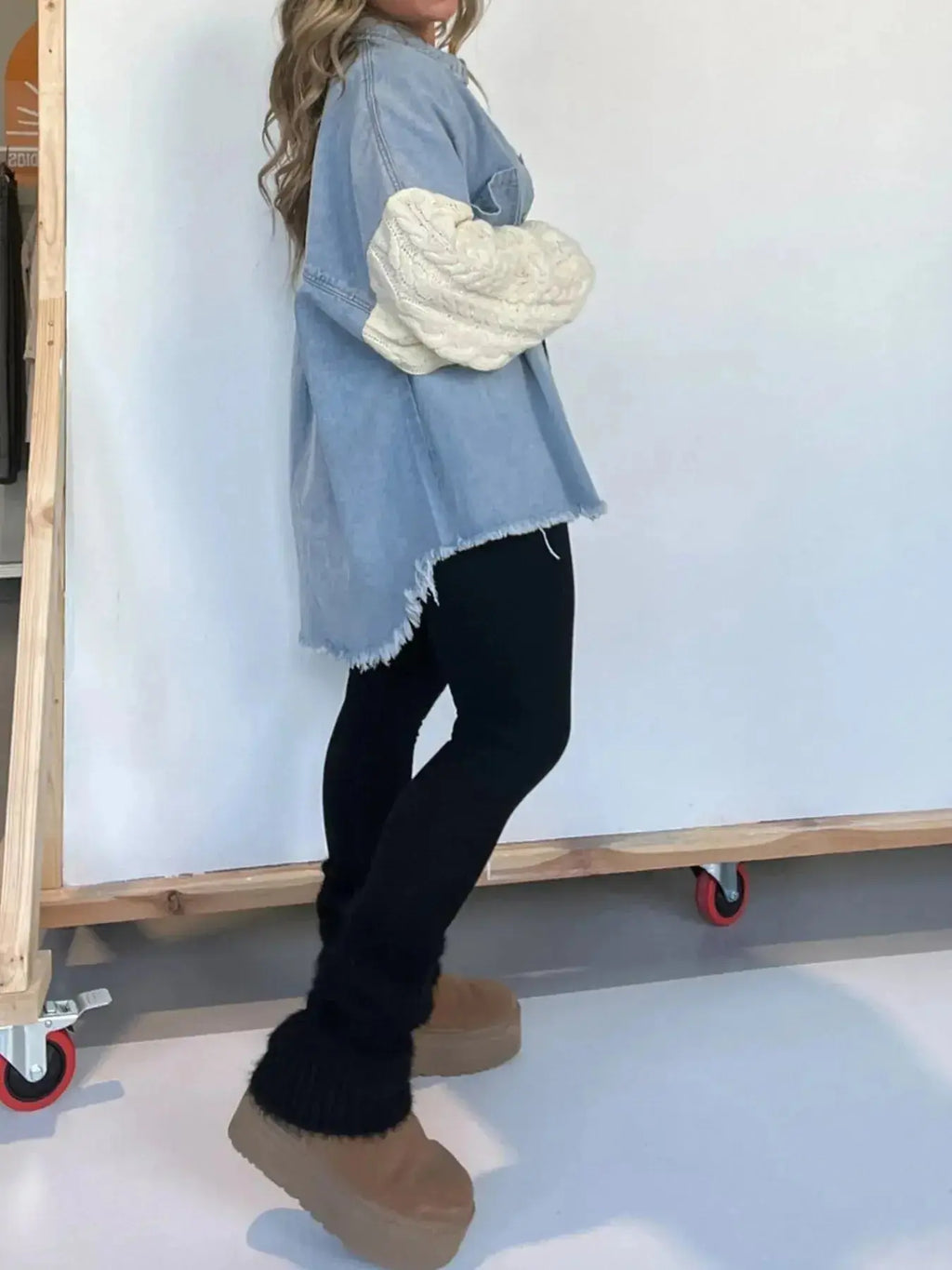 Plus size patchwork denim jacket with cable knit details and raw hem, button-up style from Plush Fashion Hub.