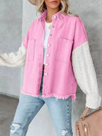 Plus size patchwork denim jacket by Plush Fashion Hub with cable knit details and raw hem, full view of button-up jean jacket.