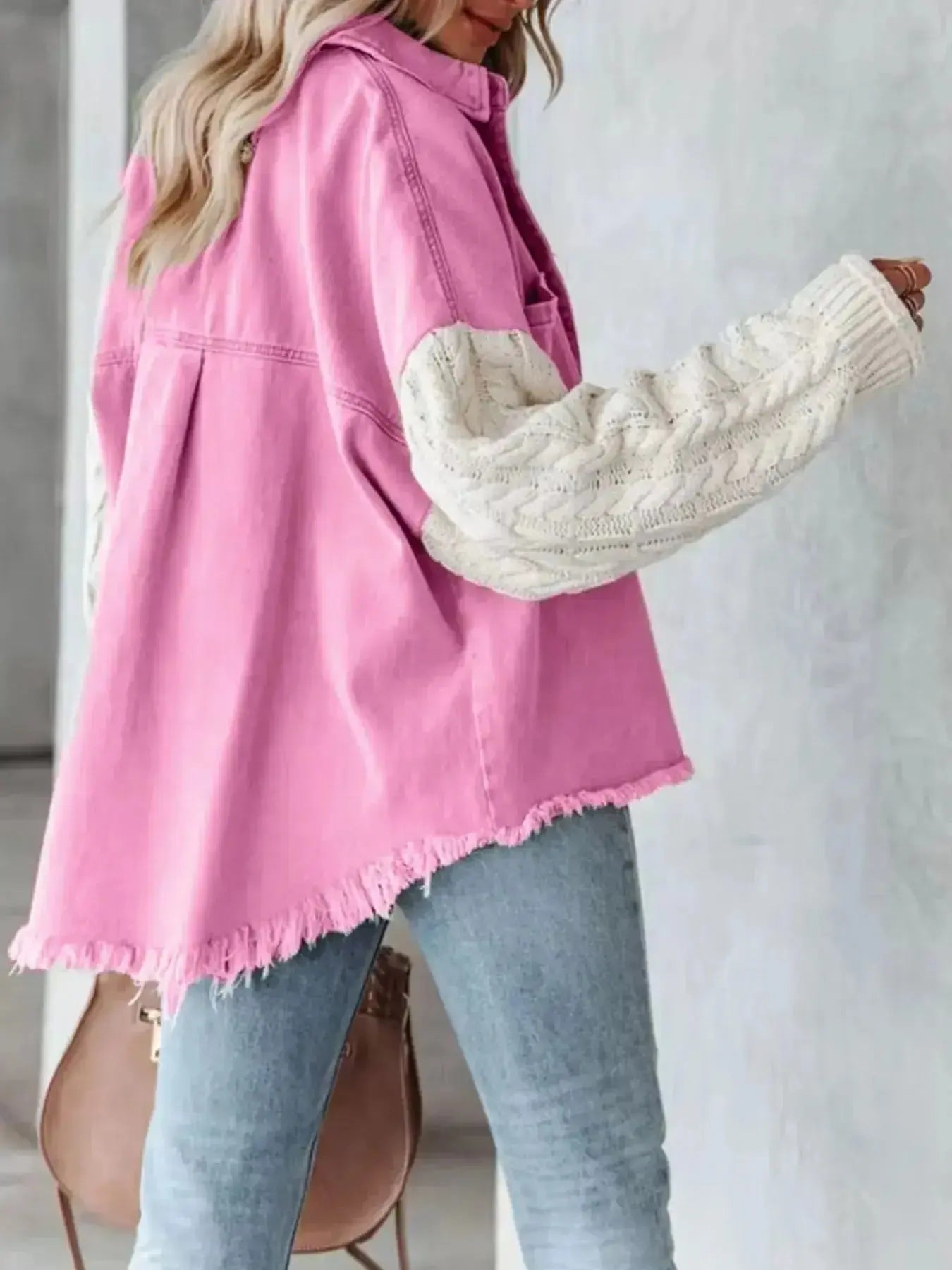 Plus size patchwork denim jacket with cable knit details and raw hem, button-up jean jacket by Plush Fashion Hub