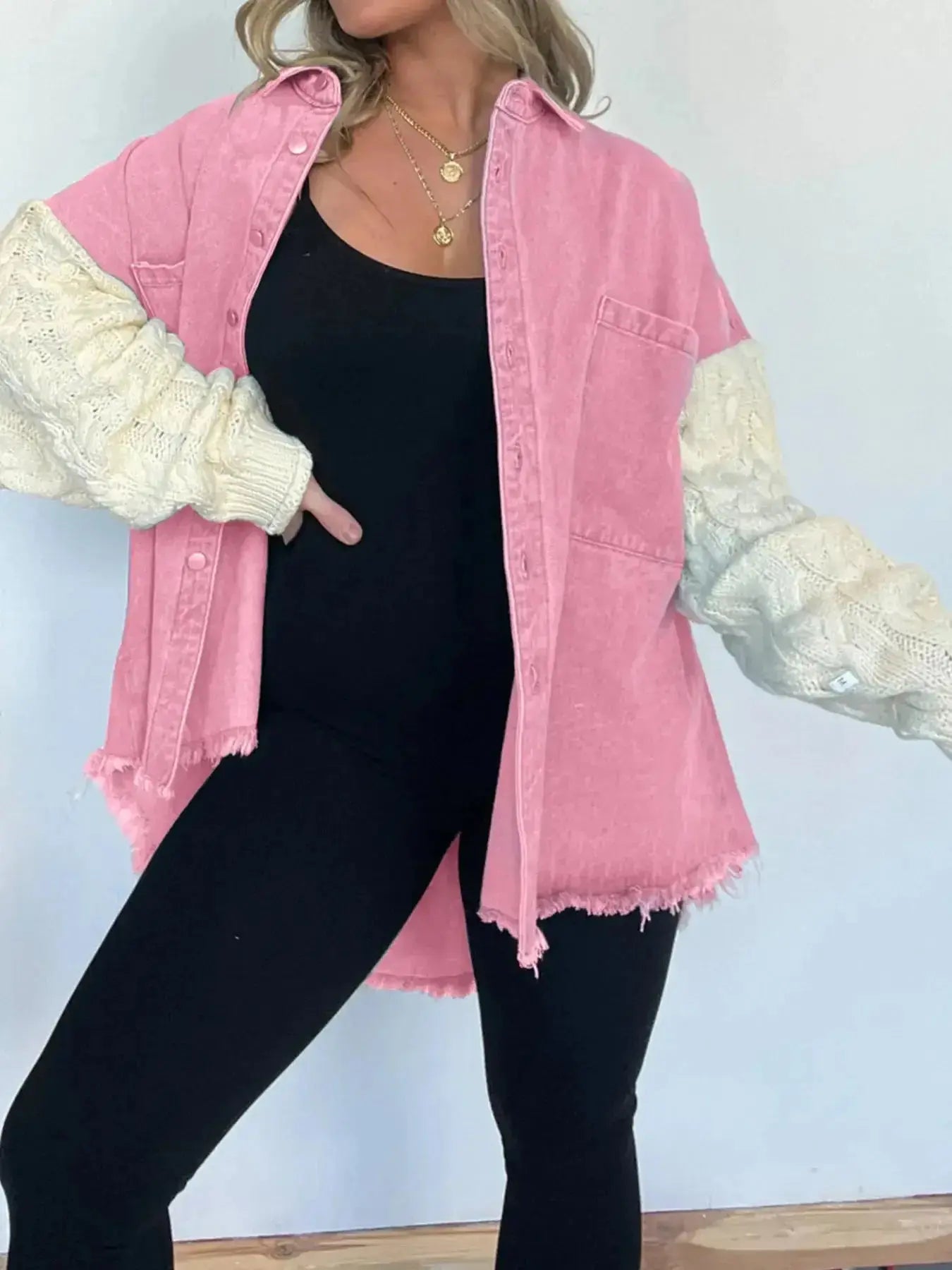 Plus size patchwork denim jacket with cable knit details and raw hem, button-up style from Plush Fashion Hub.