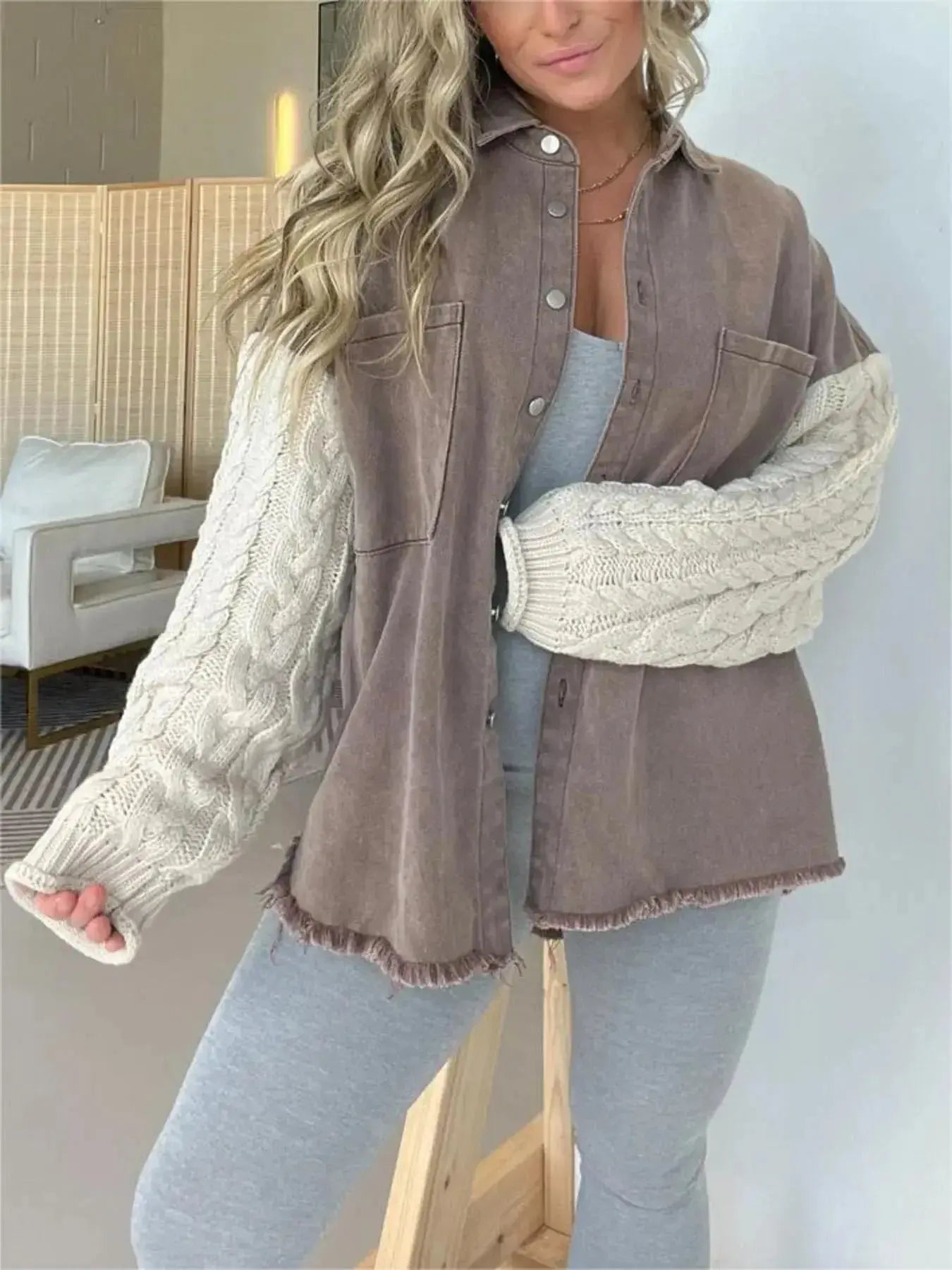 Plus size patchwork denim jacket with cable knit details and raw hem, button-up style from Plush Fashion Hub.