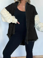 Plus size patchwork denim jacket with cable knit details and raw hem, button-up style from Plush Fashion Hub.