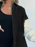 Plus size patchwork denim jacket by Plush Fashion Hub with cable knit details and raw hem, full view of button-up jean jacket.