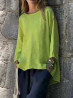 Women's relaxed fit round neck blouse from Plush Fashion Hub, soft stretch casual shirt for comfortable everyday wear.