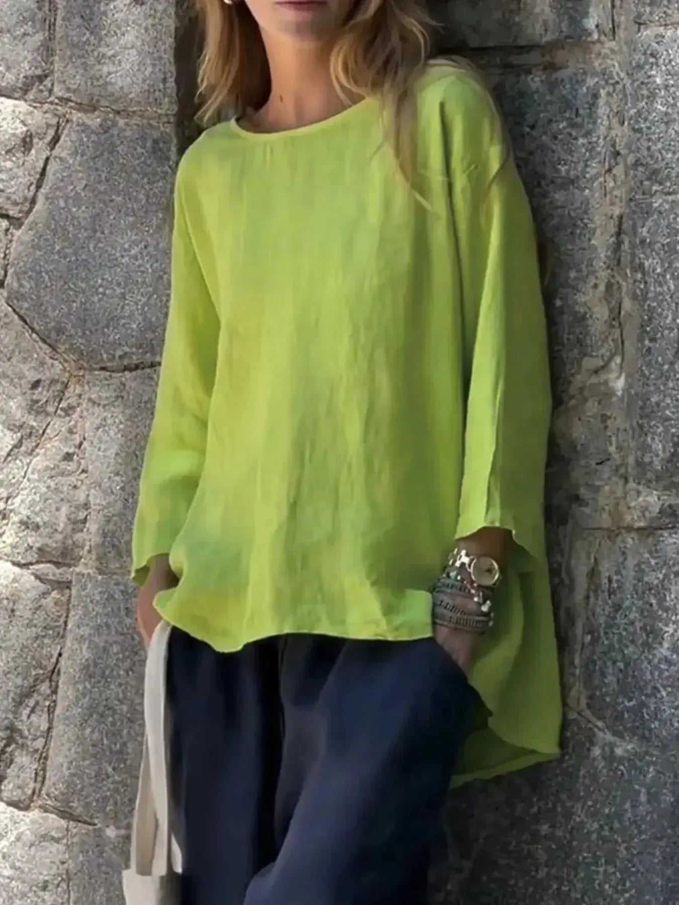 Women's relaxed fit round neck blouse from Plush Fashion Hub, soft stretch casual shirt for comfortable everyday wear.