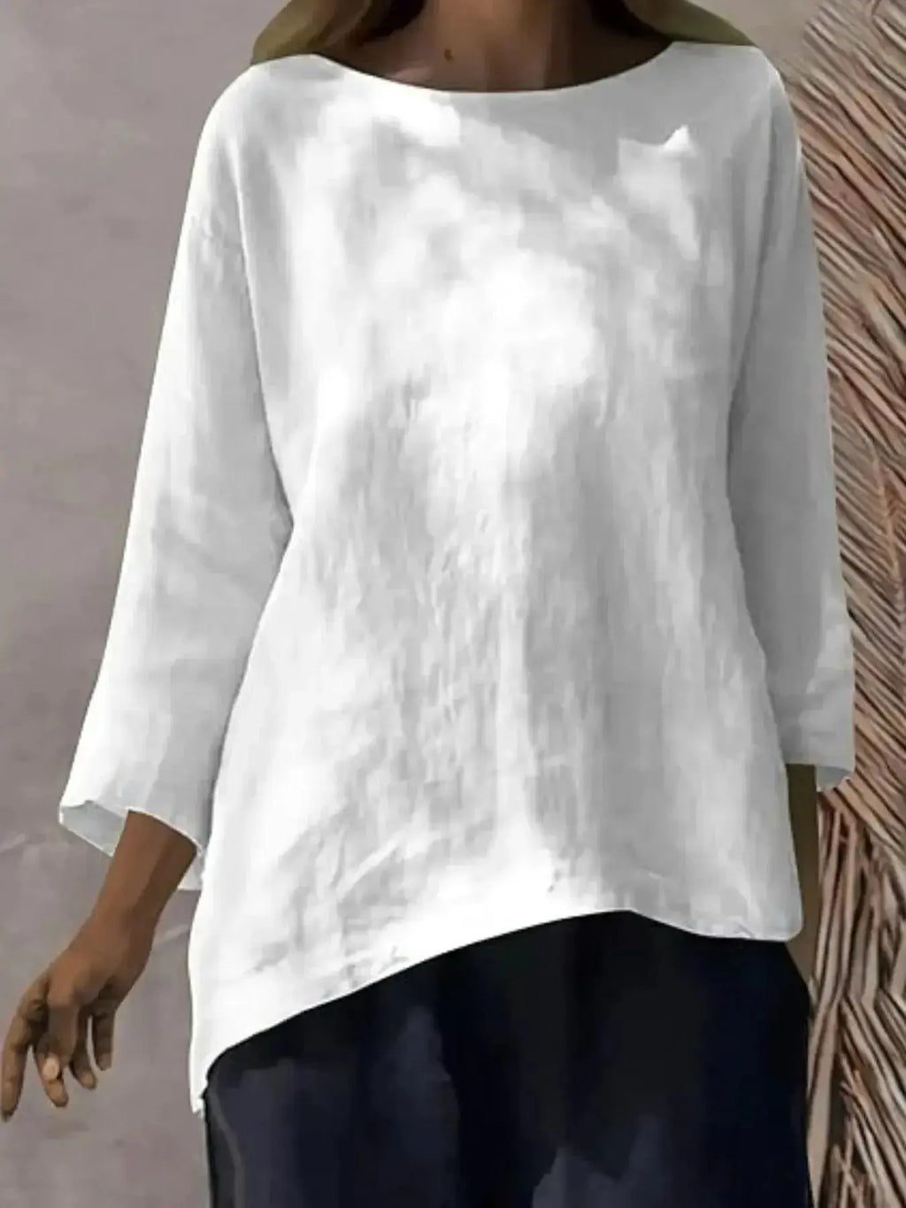 Plus size women's relaxed fit round neck blouse from Plush Fashion Hub, soft stretch casual shirt, full view, comfortable everyday wear