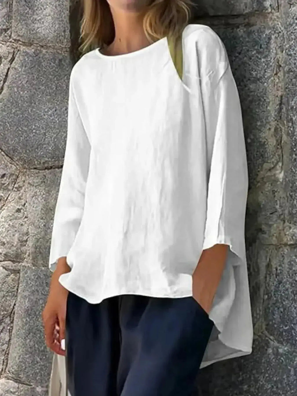 Women’s relaxed fit round neck blouse by Plush Fashion Hub, soft stretch casual shirt, full view of the comfortable, stylish shirt.