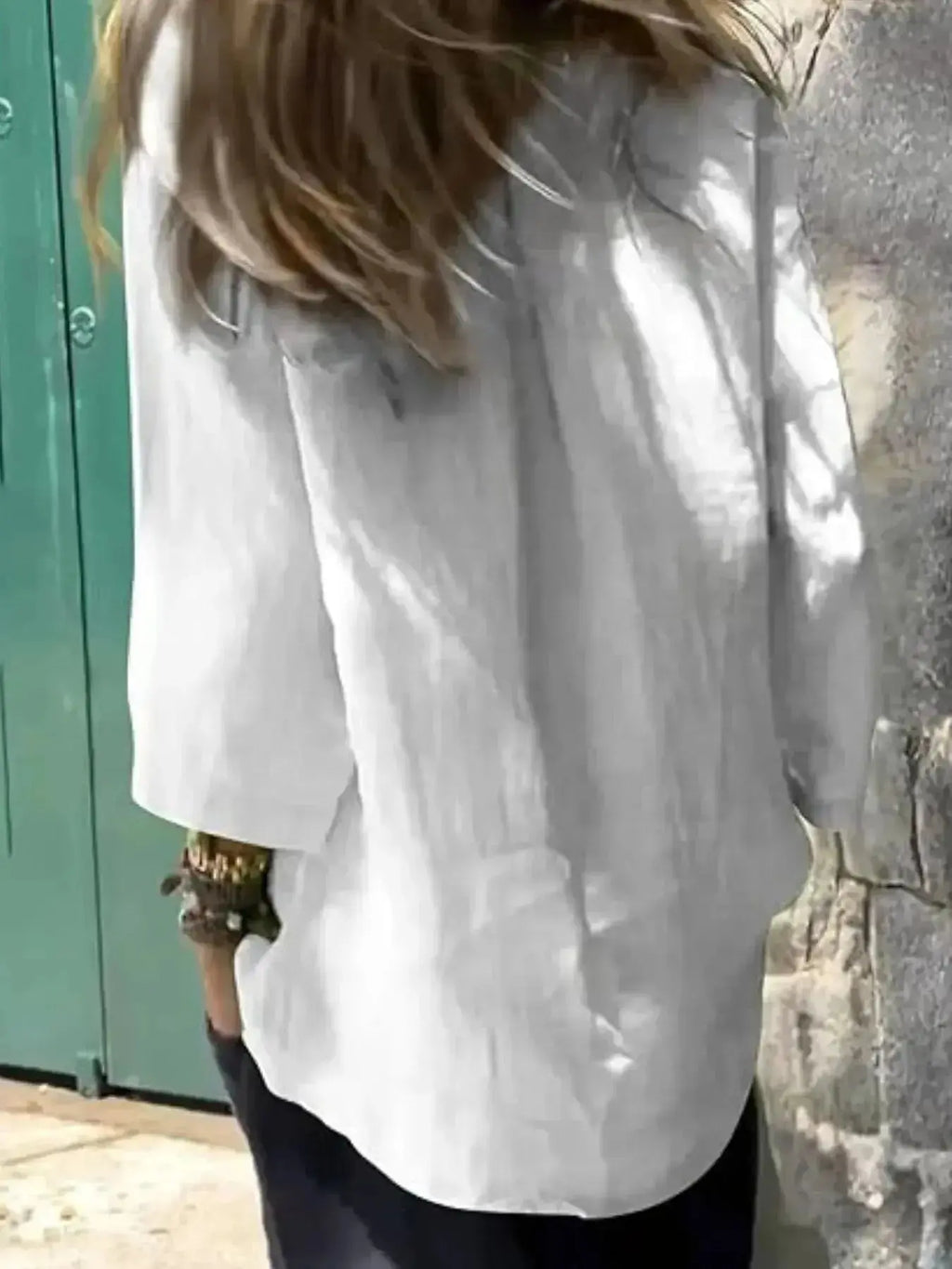 Women's relaxed fit round neck blouse by Plush Fashion Hub, soft stretch casual shirt, full view showing the relaxed style.