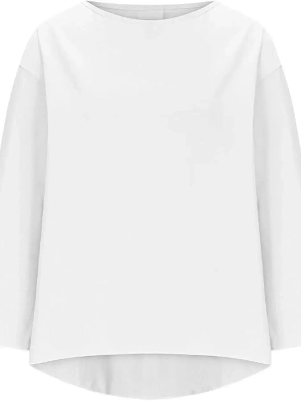 Women's relaxed fit round neck blouse by Plush Fashion Hub, soft stretch casual shirt, full view showing comfortable fit and fabric.